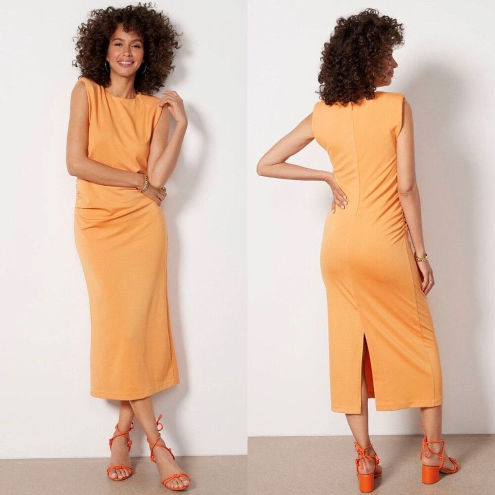 Evereve Zoe Strong Shoulder Ruched Midi Dress Small Orange Resortwear Fresh